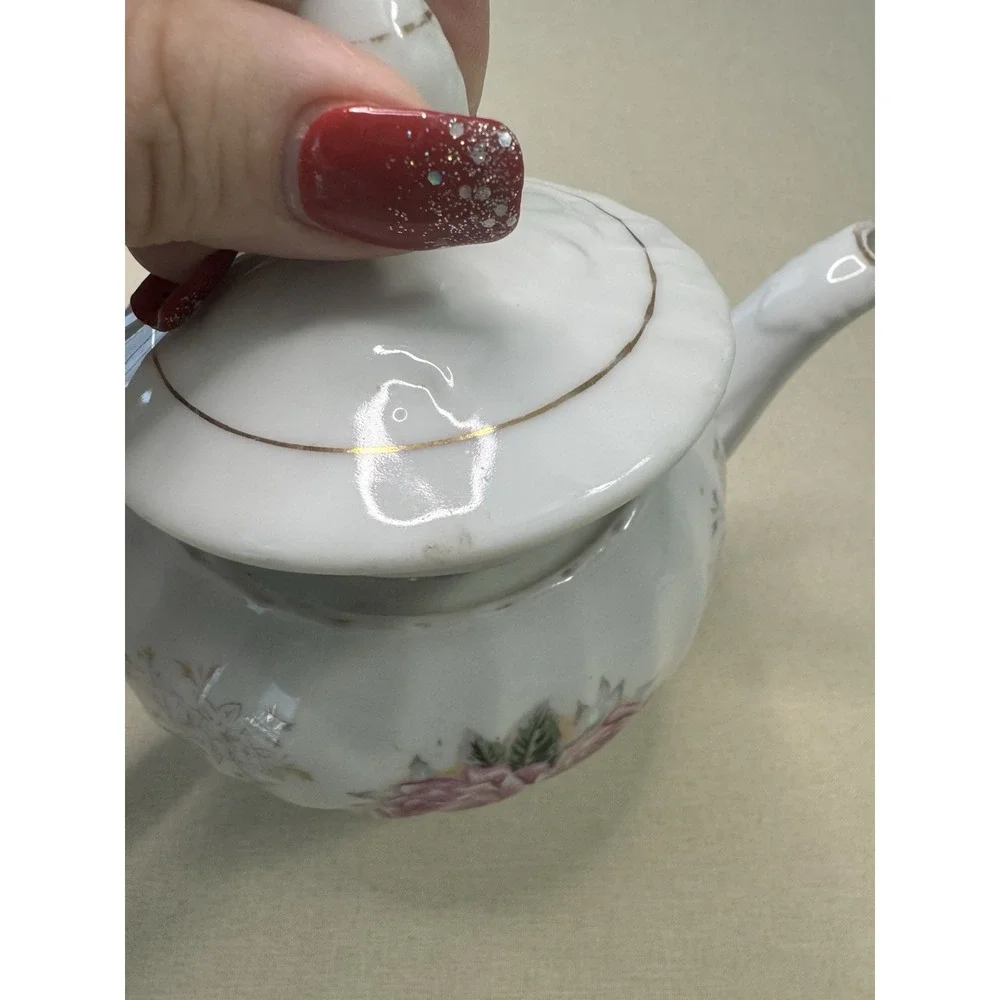 Vintage Floral Teapot‎ White Ceramic Pink Roses Gold Trim Cottagecore Shabby